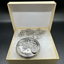 Unbranded Quartz Pocket Watch Silver Tone W/Chain Motorcycle Theme New Battery