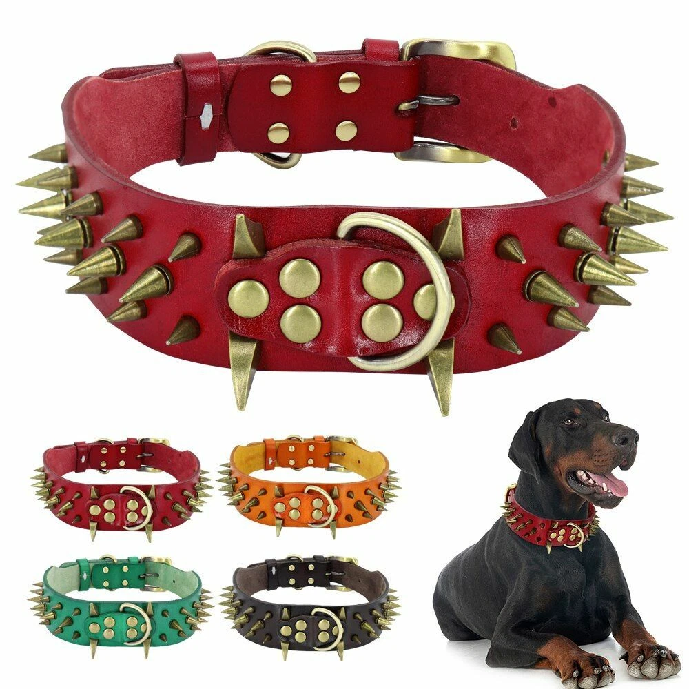 Classic Leather Cool Spiked Studded Adjustable Pet Collars For Large Dogs