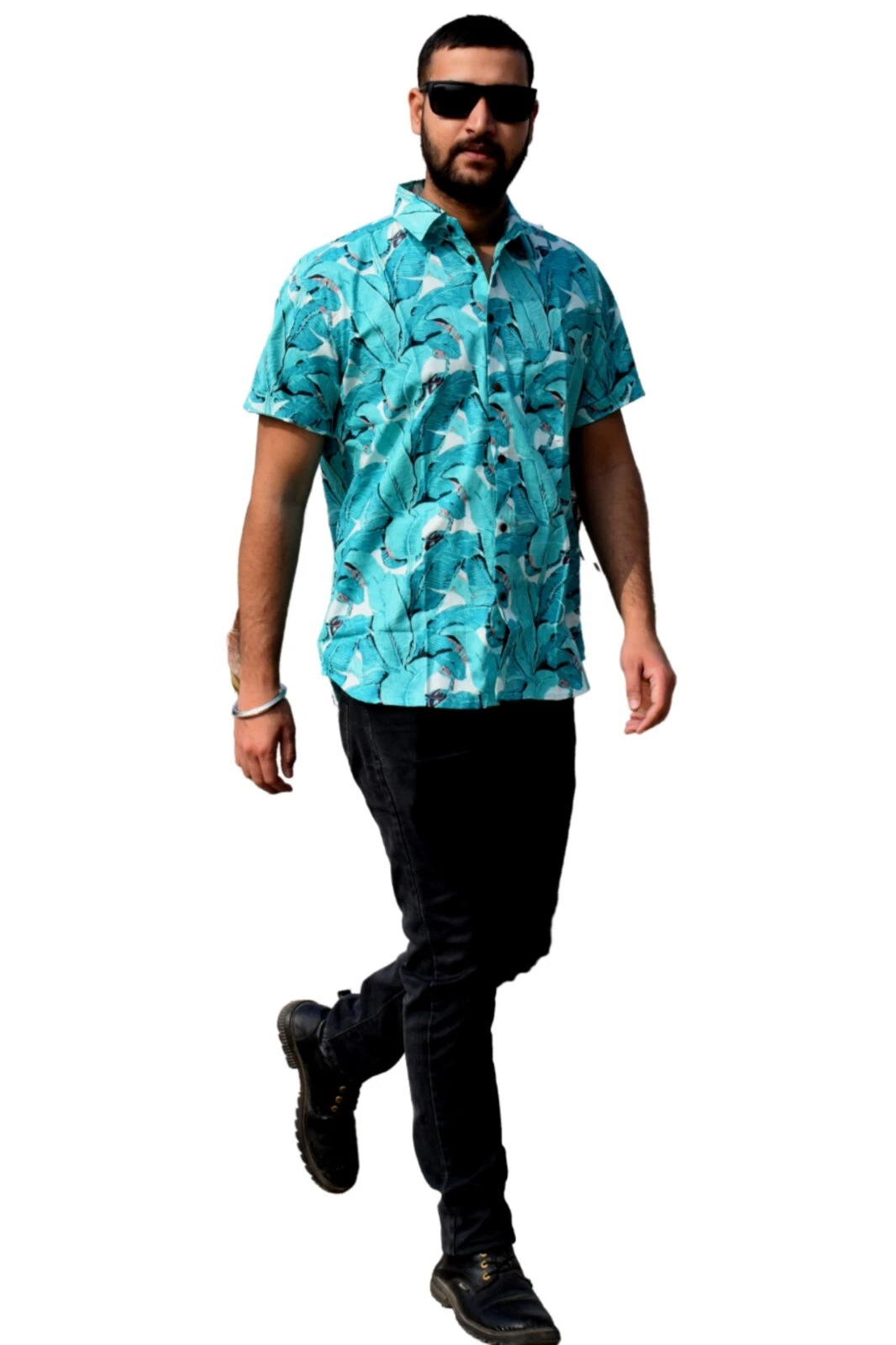 Indian XL Size Cotton Green Leaf Print Half Shirt Men's Wedding Dress Shirts US