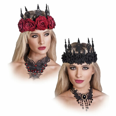 Women's Gothic Fairy Queen Rose Goddess Costume Flower Crown Headband Red Black