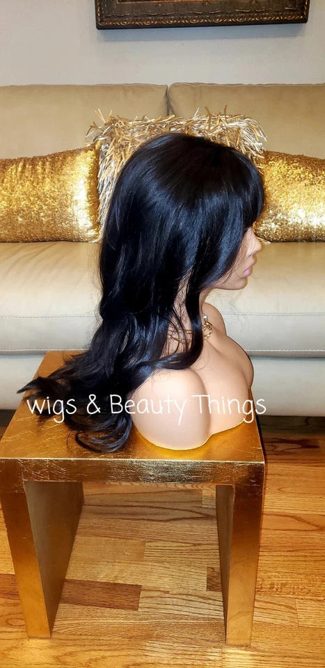 Peluca completa larga ondulada rizada Shag Bangs mezcla cabello humano negro arco iris Foto 3 de 4