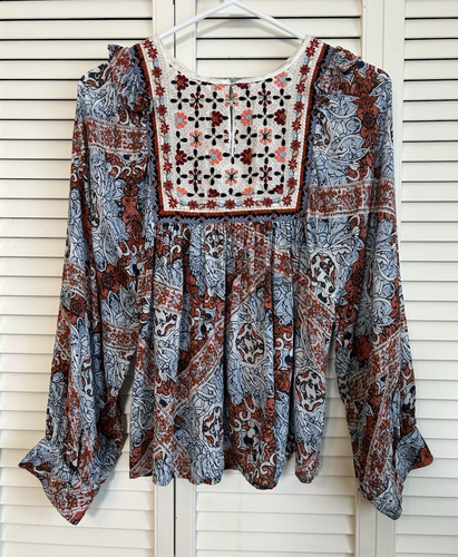 Anthropologie Seen Worn Kept Minuet Blouse Women's M Blue Embroidered Flowy Boho - Picture 6 of 18