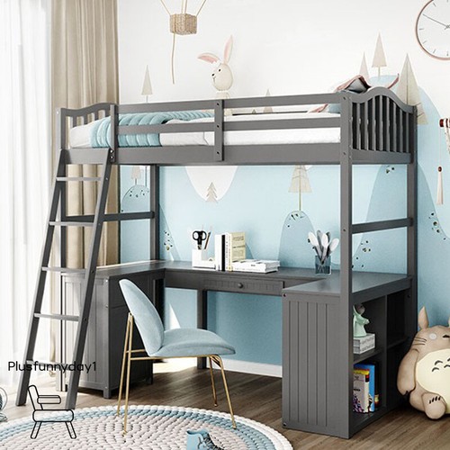 Twin Size Loft Bed Frame Wood W Drawer Cabinet Shelves Desk Storage Kids Bedroom Ebay