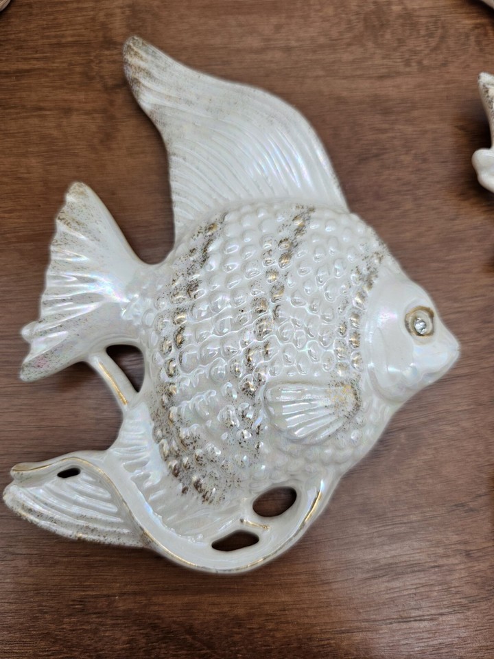 3pc Vintage MCM Cream & Gold Iridescent Angelfish Bathroom Wall Décor