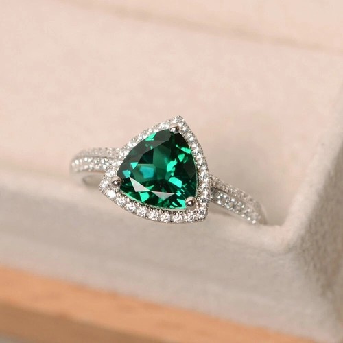 2.05 Ct Trillion Natural Emerald & Diamond Engagement Ring 14K White Gold Sz ALL - Picture 3 of 4
