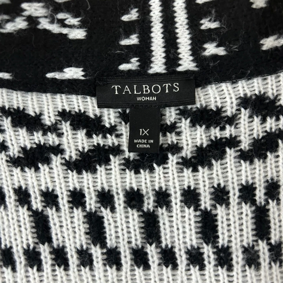 Cárdigan Suéter Talbots Para Mujer 1X (XL) Negro Blanco Fair Isle Tejido Frente Abierto Foto 4 de 4