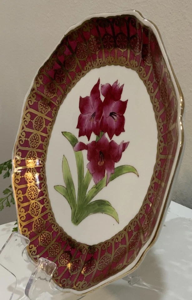 De Colección Acento Oriental Rojo Amaryllis Flor Oro Rosa Plato Decorativo Colgante de Pared Foto 4 de 4