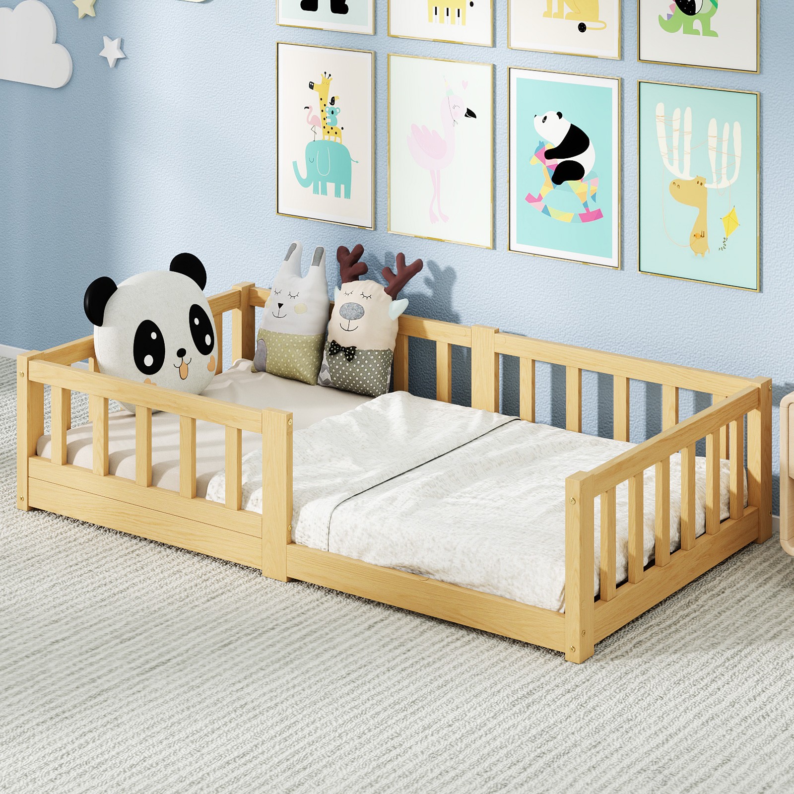 NAIZEA Floor Bed with Slats & Guardrail Crib Size Montessori Floor Bed w / Fence