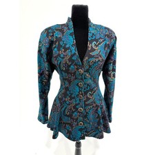 All That Jazz 90s black button up peplum blazer with teal paisley print