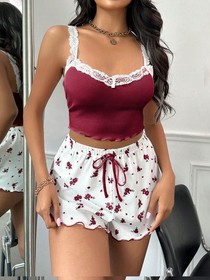 Sexy-Lingerie Womens Pajamas Set Lace Trim Bras Top and Shorts Set Pjs Sleepwear