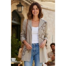 Coldwater Creek Linen Cardigan Jacket Women's 4 Beige Embroidered Vented Boho