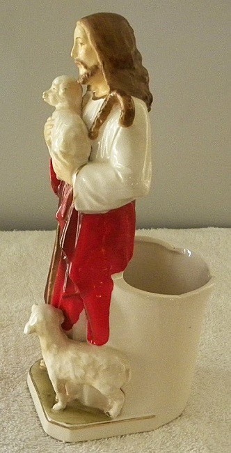 Vintage Jesus with Lambs, Sheep, Religious Artmark Japan 8" Tall Vase