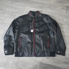 Mens F Collections Black Faux Leather Bomber Jacket Red Trim Full Zip L