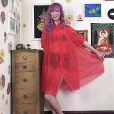Vintage Red Chiffon Peignoir Robe, 1960s Sheer Accordion Pleat Negligee, Sz S