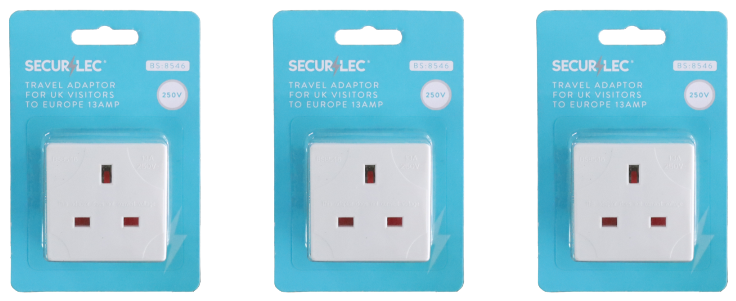 3x Securlec Travel Adaptor Plug Europe EU Converter UK Visitors 2 Pin 13A 250V