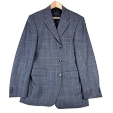 Bachrach Mens 42L Wool Blazer Charcoal Gray Blue Windowpane Plaid Sport Coat