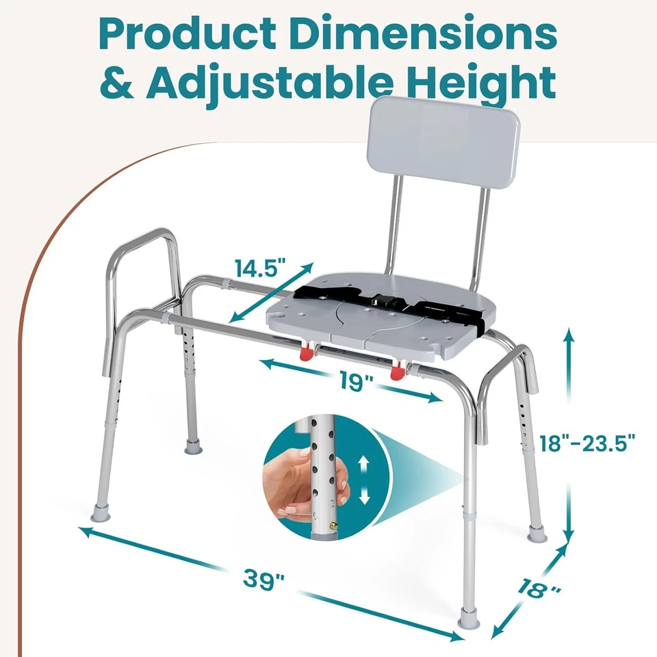 Silla de ducha deslizante 400 lb banco de transferencia de bañera banco de ducha asiento y respaldo recortados Foto 3 de 4