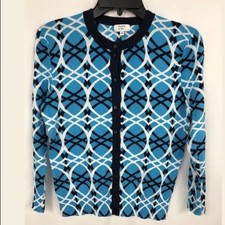 Crown Ivy Blue White Black Geometric Print Button Front Cardigan Sweater S