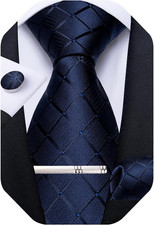 Plaid Ties for Men Silk Checkered Necktie and Pocket Square Cufflinks Tie Clip S