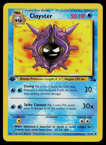 Cloyster 32/62 Fossil 1st Edition Uncommon - Pokemon TCG 1999