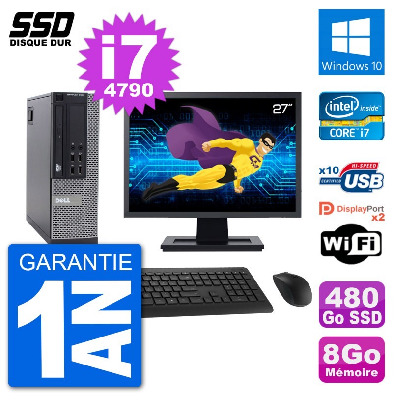 PC Dell 9020 SFF Ecran 27" Intel Core i7-4790 RAM 8Go SSD 480Go Windows 10 Wifi