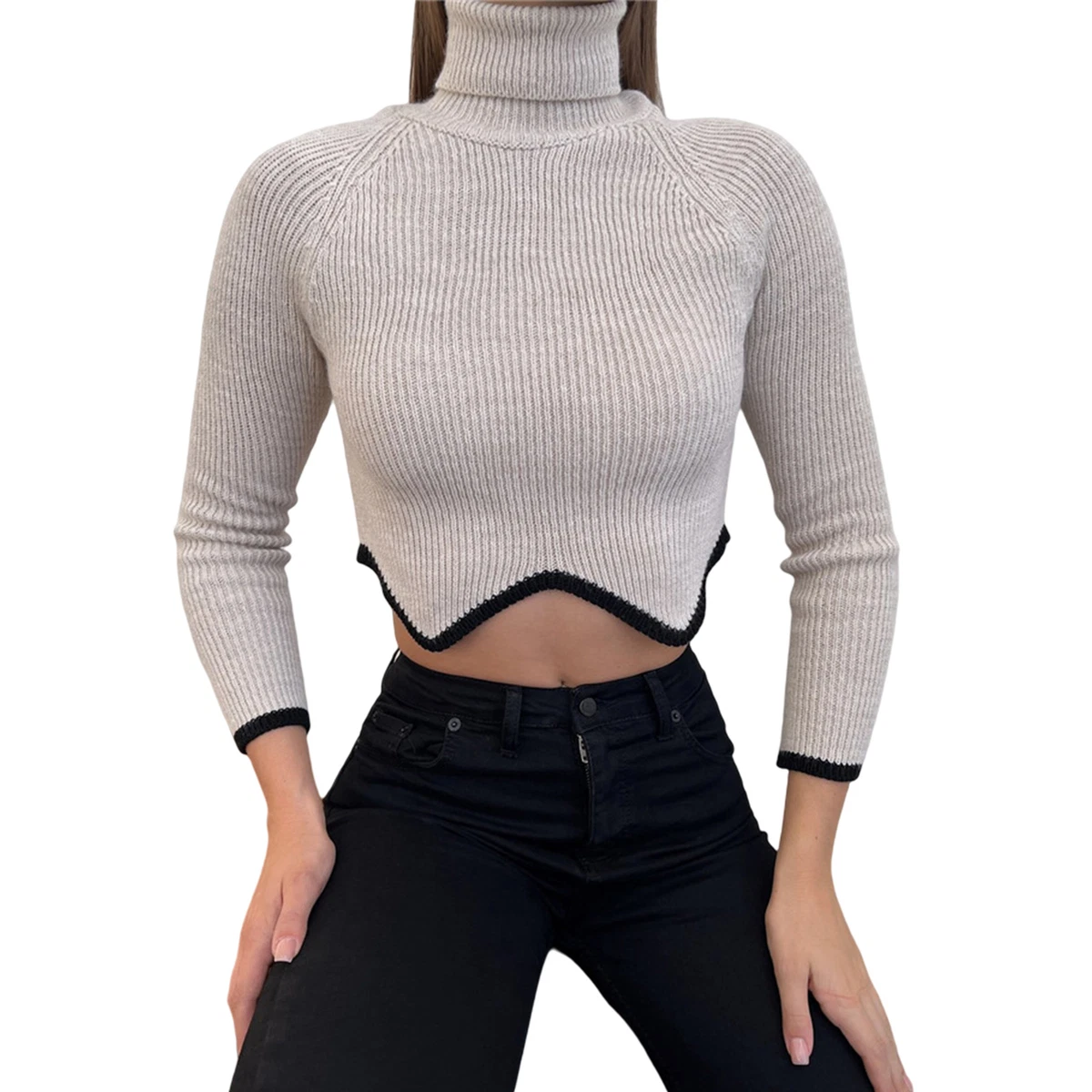 Knitwear Jumper Elastic Cold Resistant Splicing Color Cropped Knitted  Sweater 3D | eBay