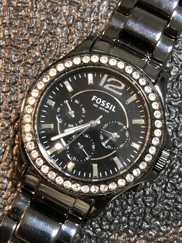 Fossil Ceramic Watch Crystal Gemmed Bezel CE1011 100M,Band Needs Repair,Runs - Image 2 of 4