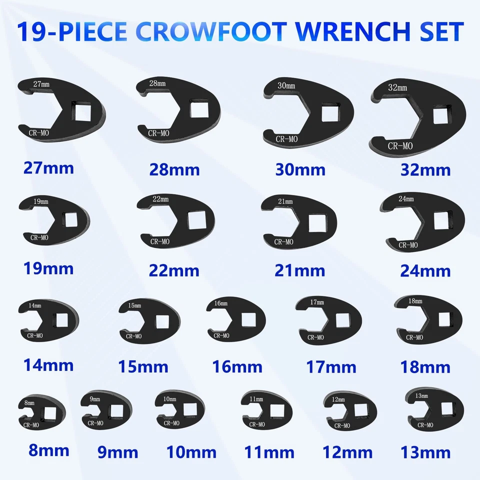 19 peças conjunto de chaves Crowfoot métricas pé de corvo 8-32mm conjunto de chaves de porca alargadora kit de ferramentas - Imagem 2 de 4