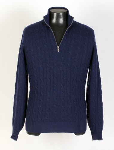 Brunello Cucinelli Cashmere ½ Zip Cable Knit Sweater - Blue - M - $3495 Retail - Picture 16 of 19