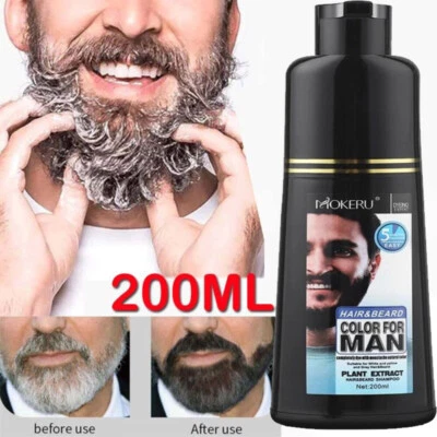MOKERU 200ML Beard Hair Color Dye Shampoo Natural Men Mustache Dying Black Darkening UK