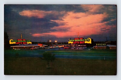 Postcard California Bakersfield CA Rancho Motel Sunset Neon 1950s Unposted