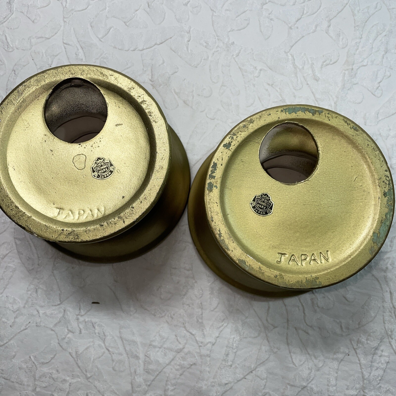 PAIR VINTAGE 4”TALL GOLD TRIMONT WARE PILLAR PEDESTAL CANDLE HOLDER