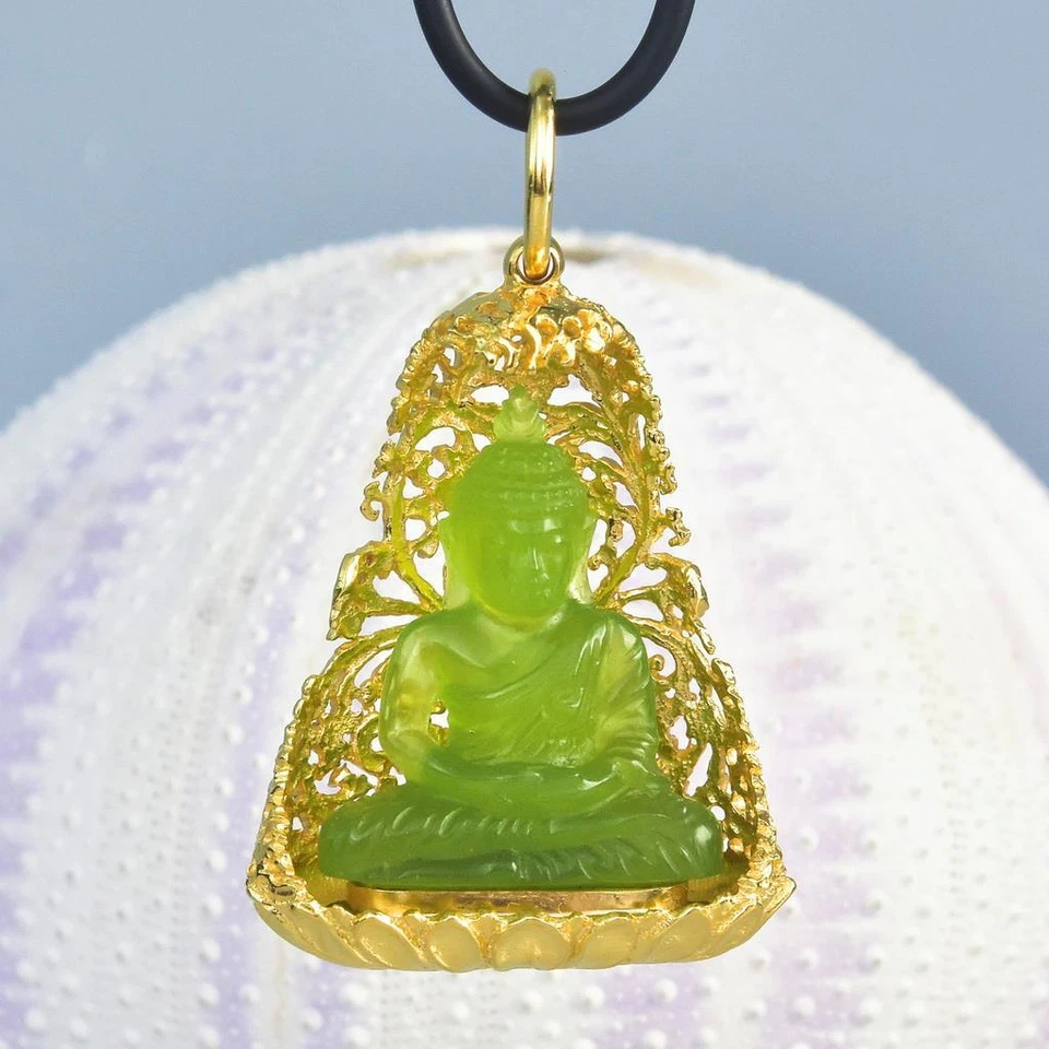 Buddha Image Gold Vermeil Sterling Bodhi Tree Green Chalcedony Pendant 13.48 g - Image 2 of 4
