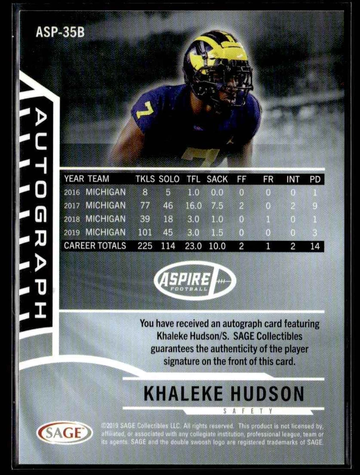 2020 SAGE Aspire Khaleke Hudson Autograph Black Washington Commanders - Image 2 of 2