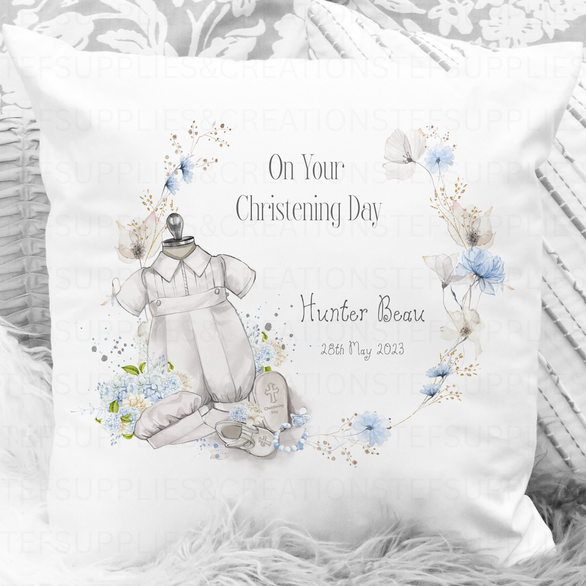 Personalised Christening Cushion Cover New Baby Girl/Boy Pillow