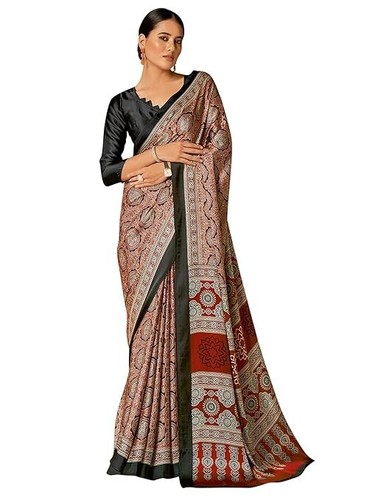Women's Brown Digital Print Satin Crepe Saree With Unstitched Blouse Piece