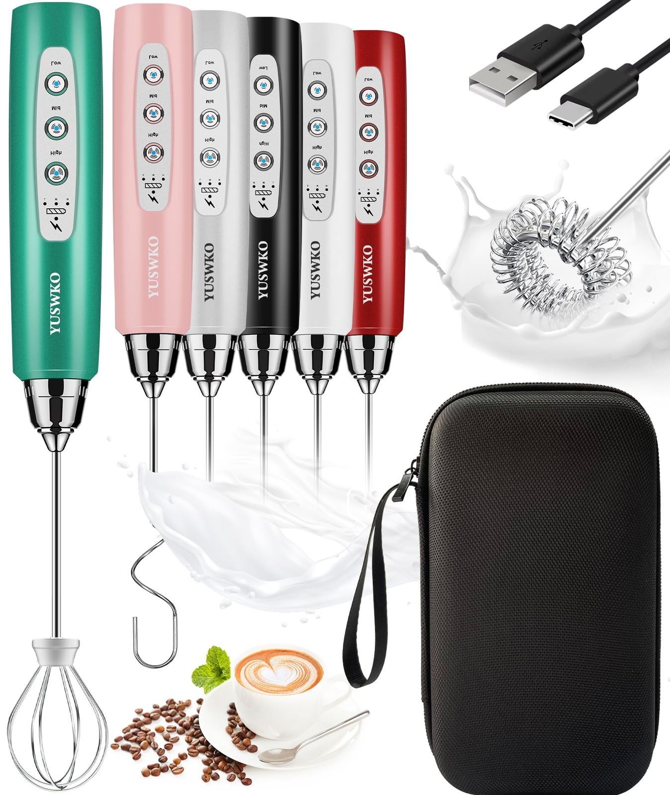 Rechargeable Milk Frother for Coffee Handheld Drink Mixer with 3 Heads 3 Spee...