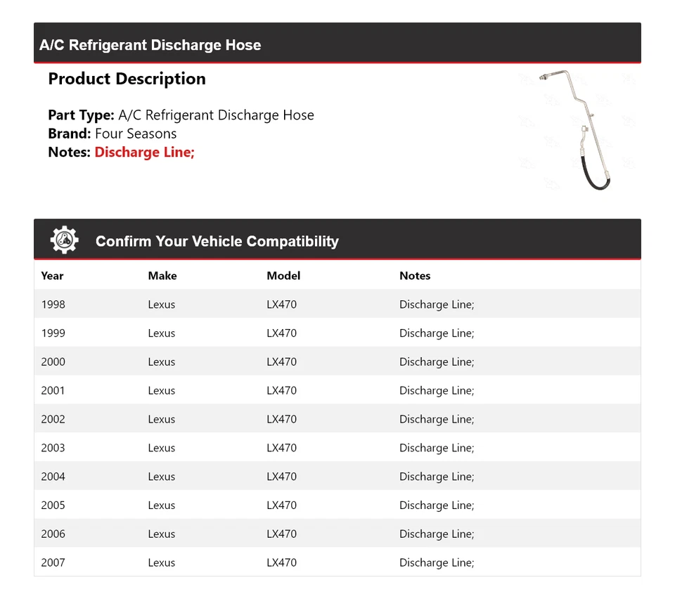 Manguera de descarga de refrigerante de aire acondicionado para Lexus LX470 1998-2007 4 estaciones 1999 2000 Foto 2 de 4