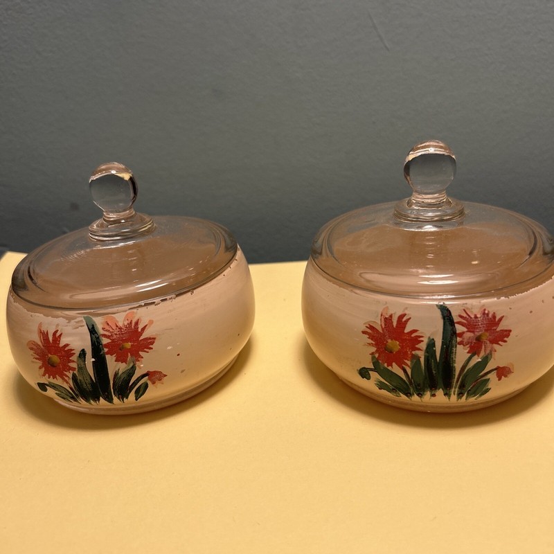 Two Vintage Glass Jars With Lids Vanity Trinket Powder Etc With Painted Flowers