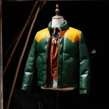 Mens Quilted Puffer Bomber Green & Yellow Genuine Lambskin Leather Jacket