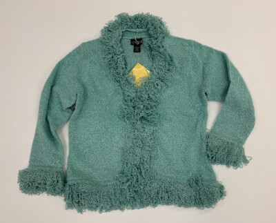 QVC Dialogue Sea Green Boucle Fringe Cardigan Sweater Size L 