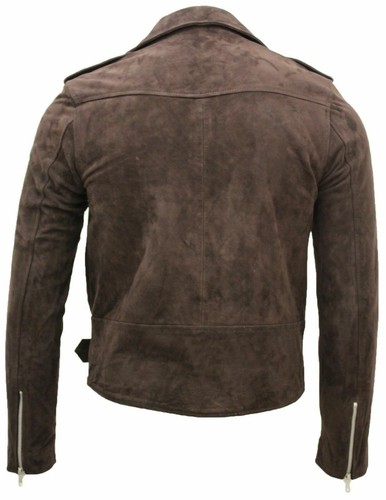 Men's New Brown Suede Retro Brando Casual Biker Jacket 100% Real Genuine Leather - Picture 4 of 5