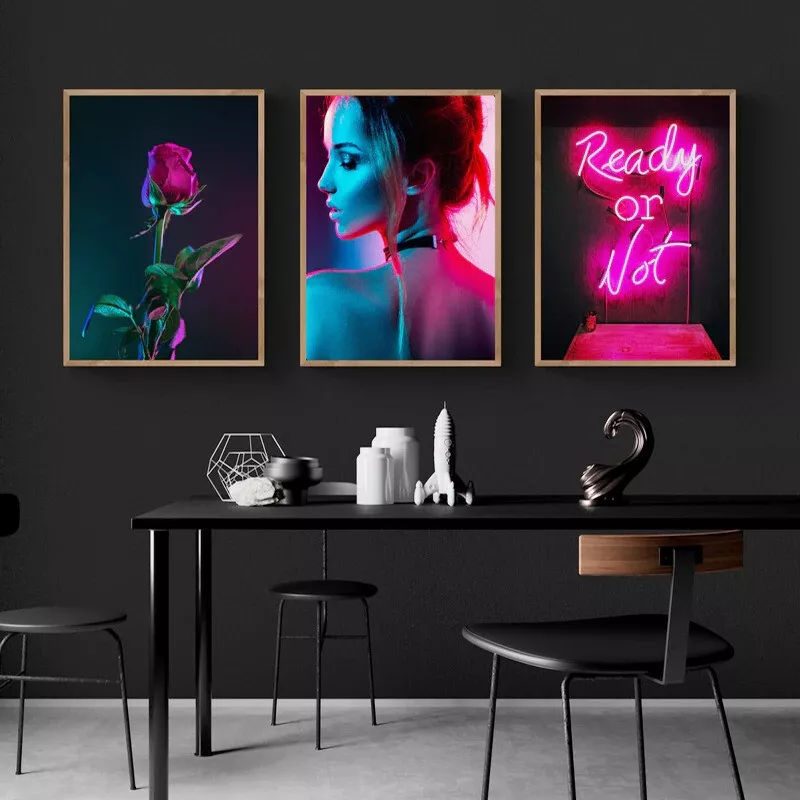 Canvas Neon Wall Art Pretty Girl Unique flower Living Room Home Decor Painting
