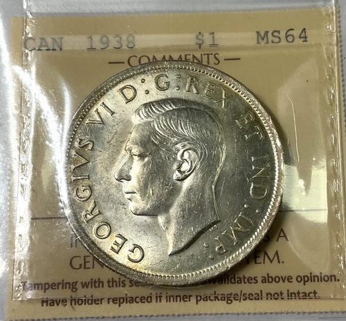 1938 CANADA SILVER DOLLAR GEORGE VI KEY MS64 ICCS GRADE sharp very lustrous coin