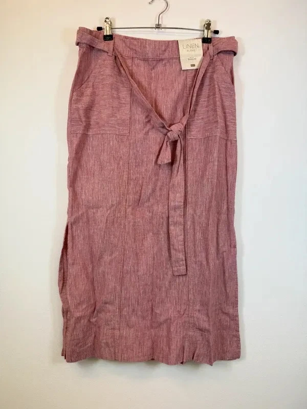 Bonmarche Women’s Linen Mix Belted Midi Skirt UK 12 Elastic Waist Summer
