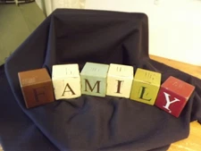 LOT OF 6 RUSTIC distressed BLOCKS spells F~A~M~I~L~Y muted colors 3" wood CUBES