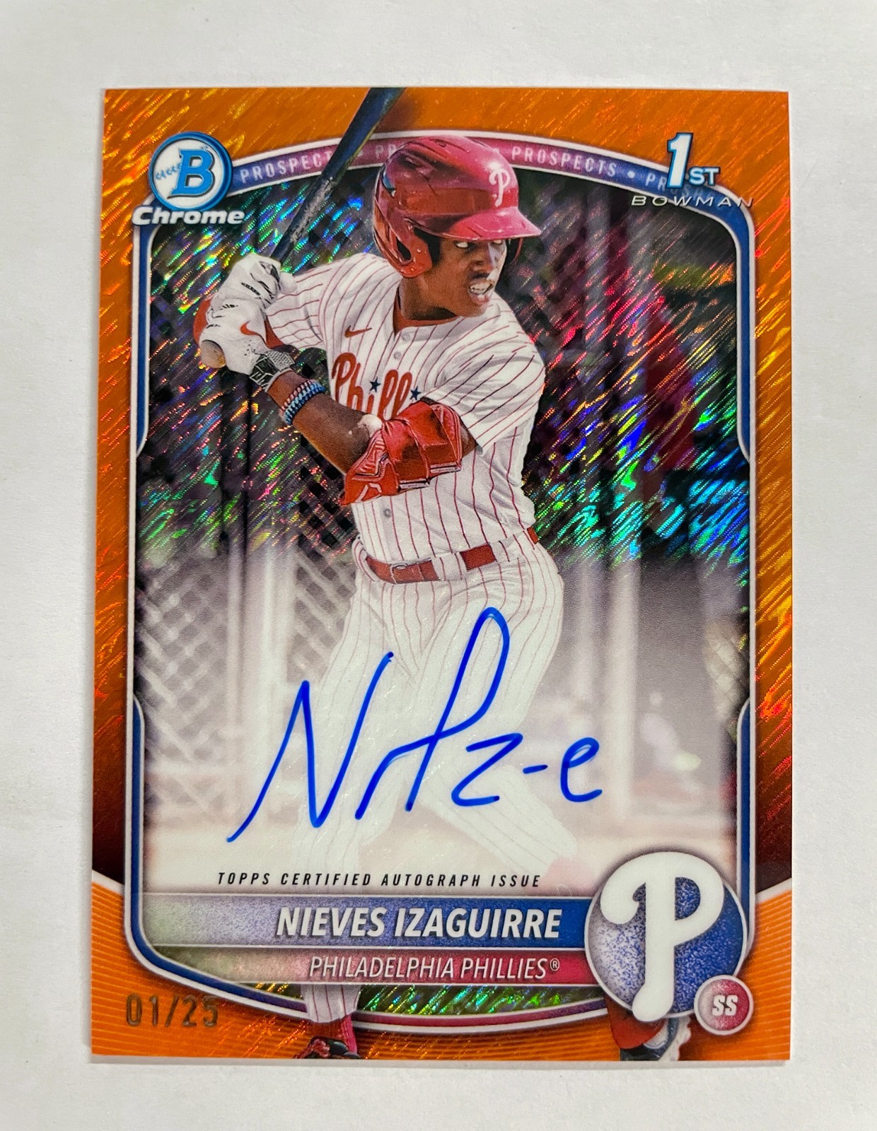 2025 Bowman Chrome Nieves Izaguirre Auto Orange Wave Refractor 1st Prospect #/25