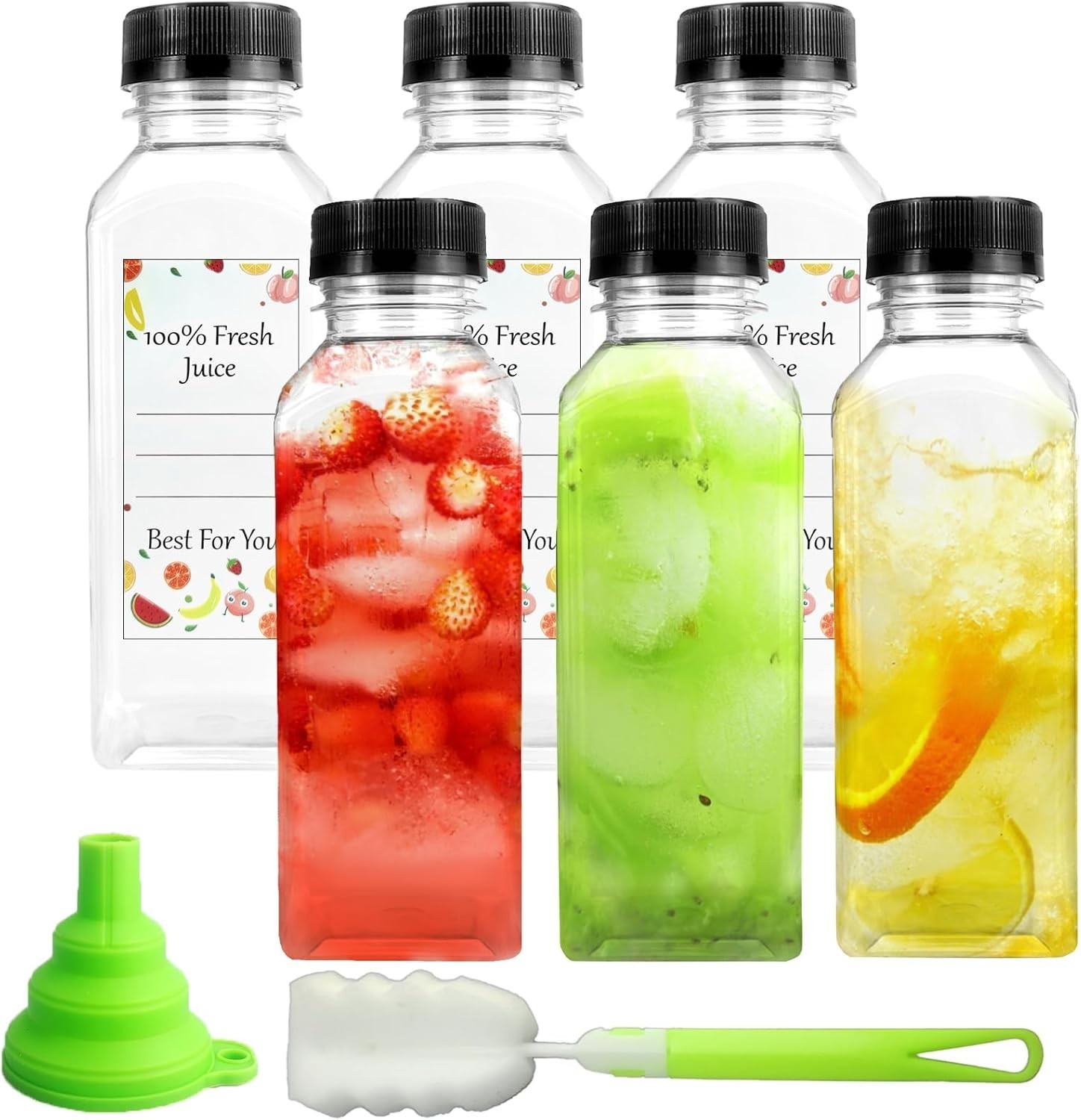 With Caps, 6 Pcs Reusable Juice Bottles With Blac...