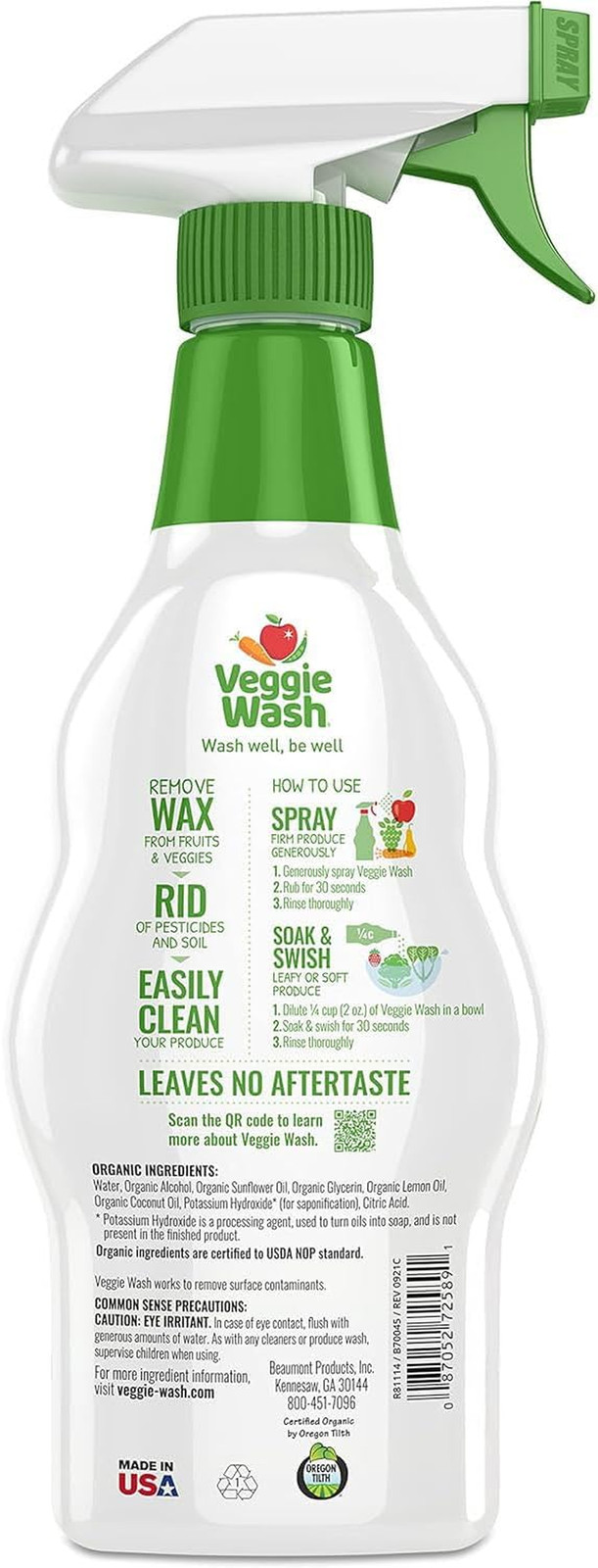 Organic Fruit and Vegetable Wash, Certified Organic, Ideal for Cleaning Produce,