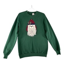 VTG Jerzees Santa Face Applique Sweatshirt Green Christmas Women X-Large USA